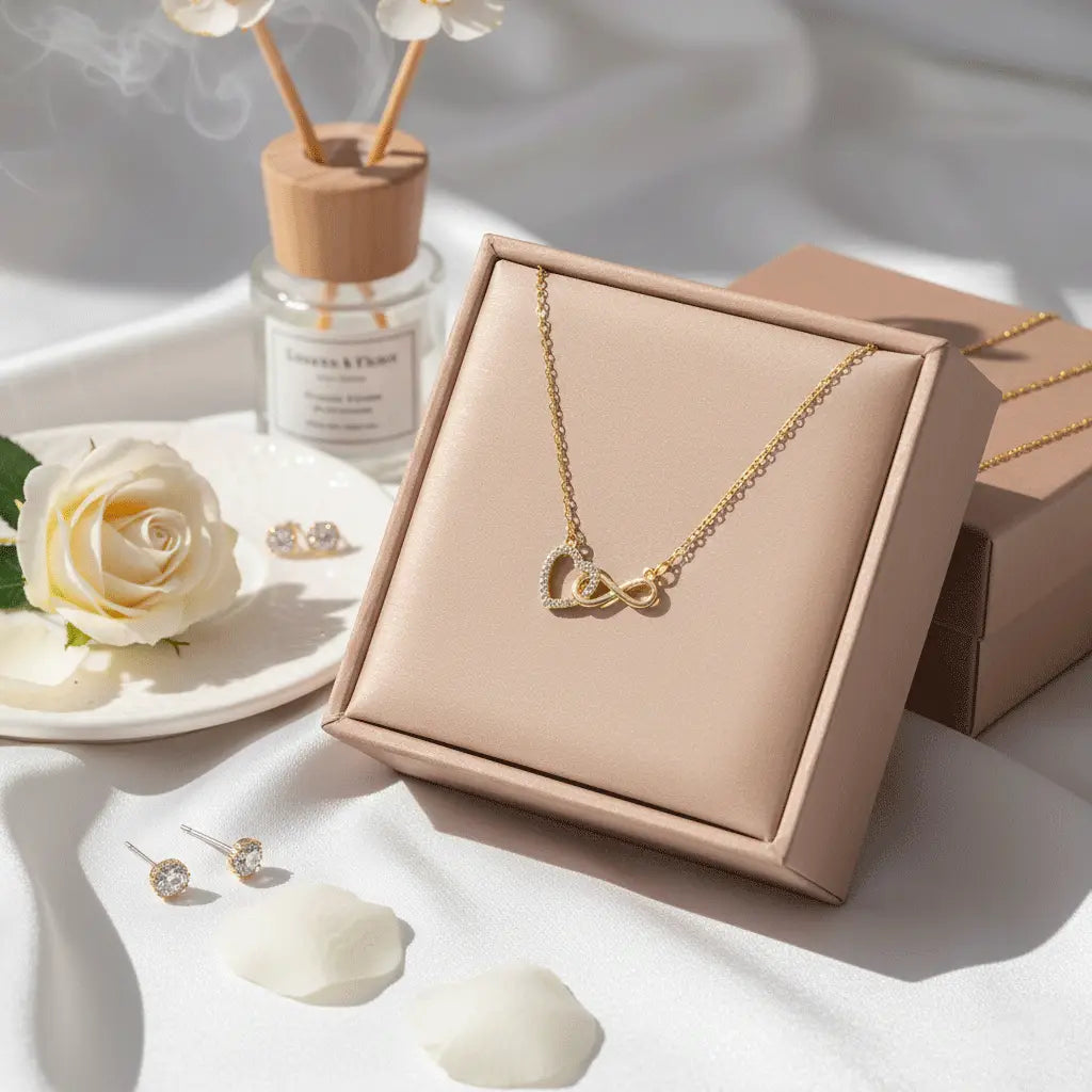 A delicate necklace with a heart-shaped pendant intertwined with an infinity symbol, accented with small crystals, displayed on brown box.