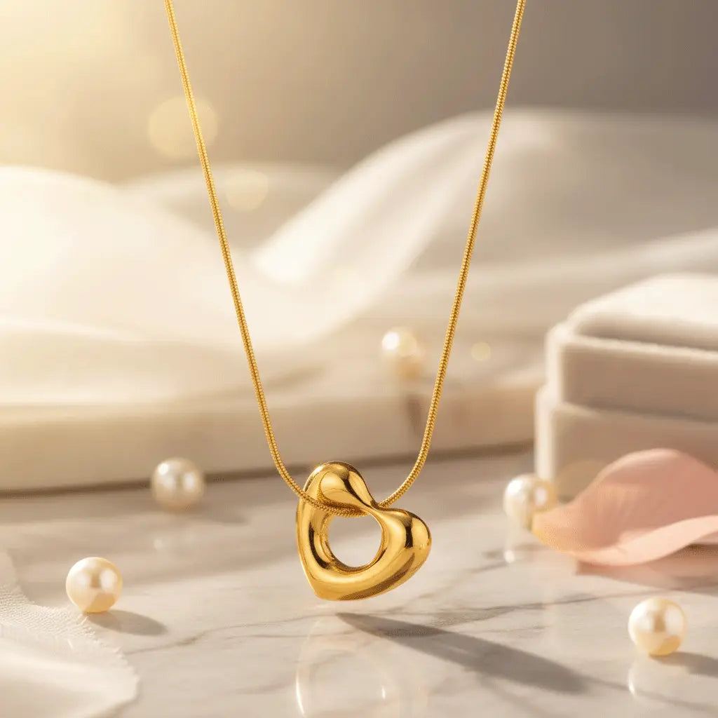 A polished gold heart-shaped pendant with a hollow center hanging from a delicate gold chain, displayed on a soft, elegant surface with scattered pearls and gentle fabric in the background.