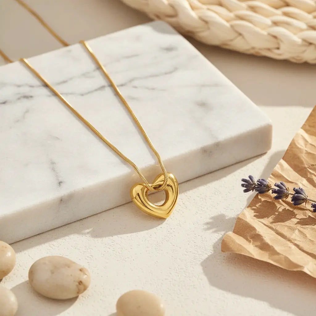 A polished gold heart-shaped pendant with a hollow center hanging from a delicate gold chain, displayed on a soft, elegant surface with stones.