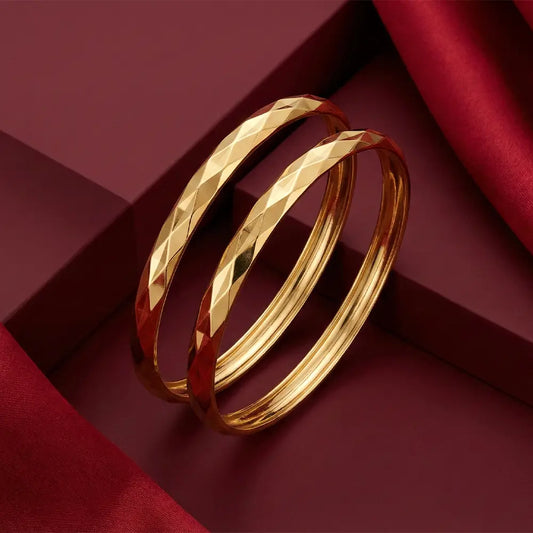 Ka Trends Diamond Cut Gold Bangle Pair with Faceted Texture and Premium Finish