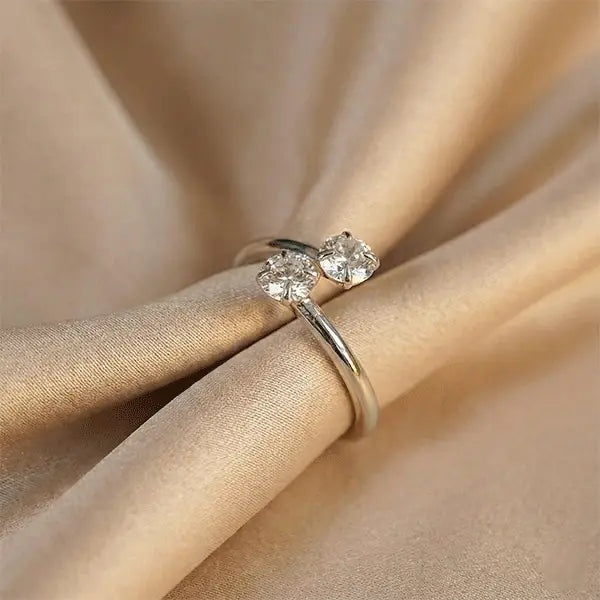 Two stone open AD ring in silver finish with sparkling crystals, minimalist adjustable ring design