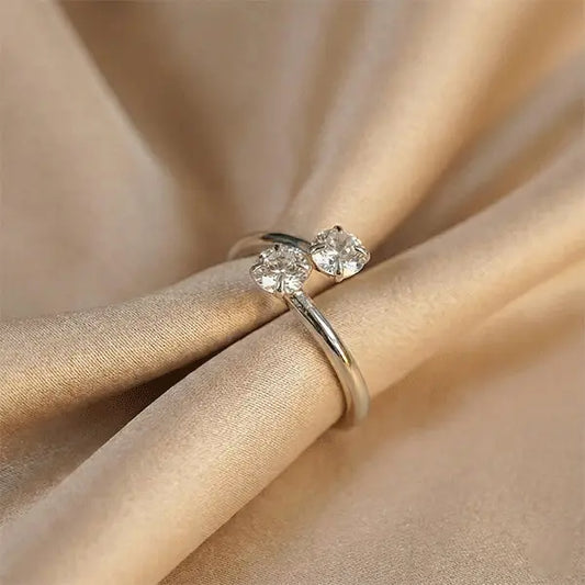 Two stone open AD ring in silver finish with sparkling crystals, minimalist adjustable ring design