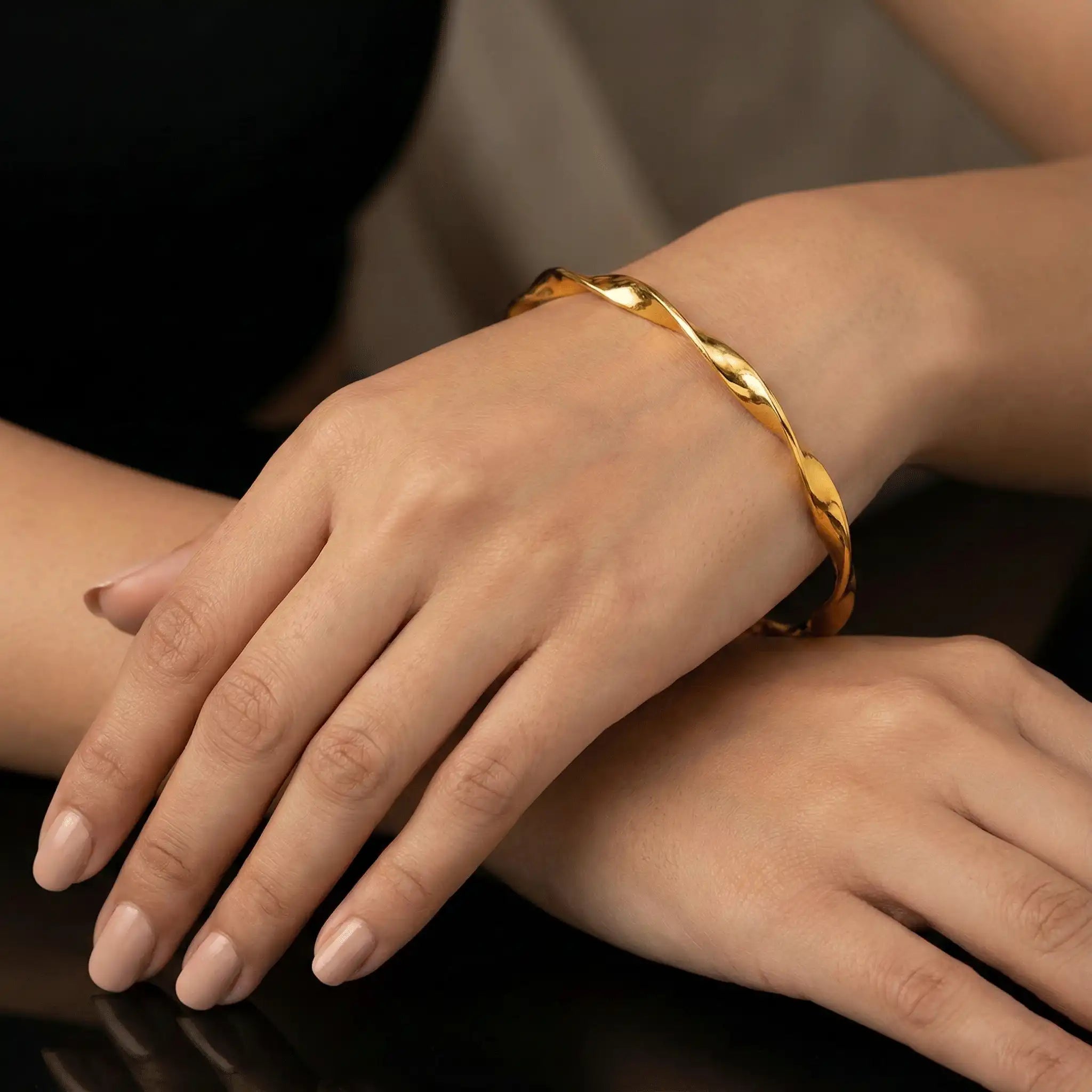 2 Swirl Gold Bangle anti-tarnish twisted gold bangle worn on wrist