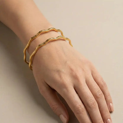K-A Trends anti-tarnish wave design gold bangles worn on hand, trendy jewelry for daily wear