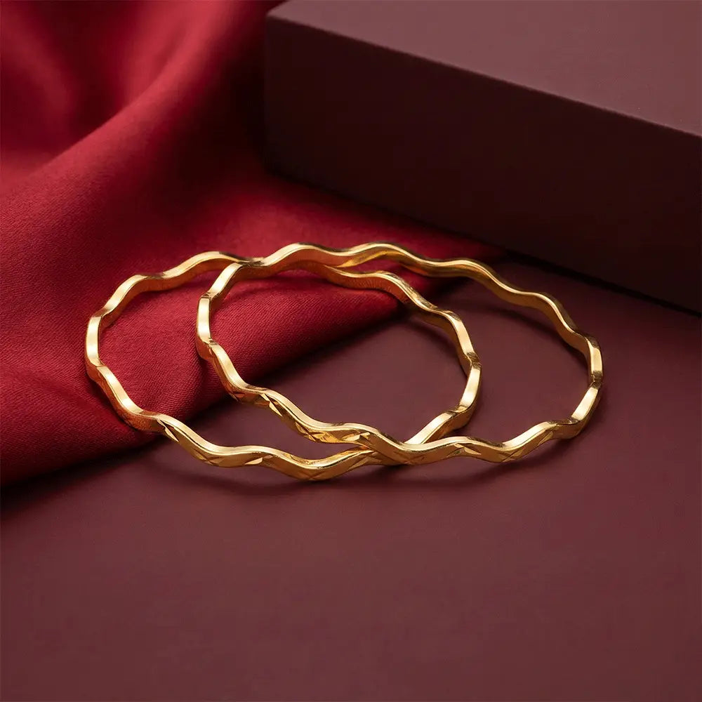 K-A Trends Wave Gold Bangles Pair – Anti Tarnish Wavy Designer Bracelet Set