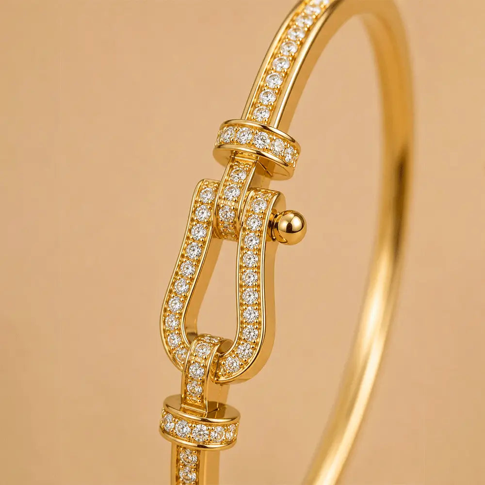 Belt Buckle Kada - Anti-Tarnish with pavé-set clear crystals, shown in a close-up shot against a solid beige background.