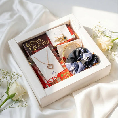 Romantic Valentine gift box for her with anti-tarnish gold jewelry set, chocolates, LED fairy lights, and elegant white hamper by K-A Trends