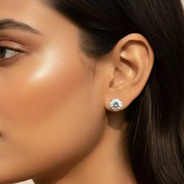 Classic crystal stud earrings worn by model, close-up ear shot, minimal everyday jewellery look