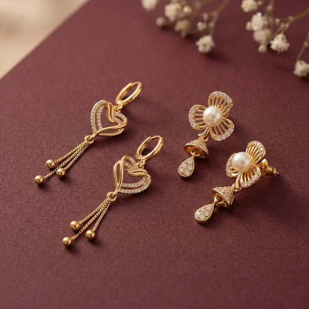 K-A Trends anti tarnish gold drop earrings combo featuring heart tassel danglers and pearl floral statement earrings luxury festive collection