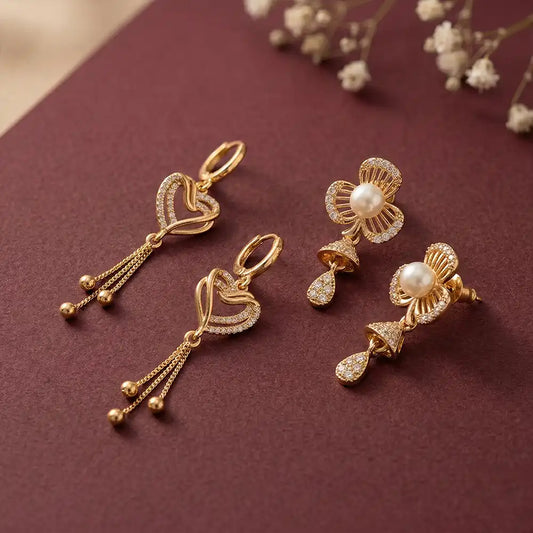 K-A Trends anti tarnish gold drop earrings combo featuring heart tassel danglers and pearl floral statement earrings luxury festive collection