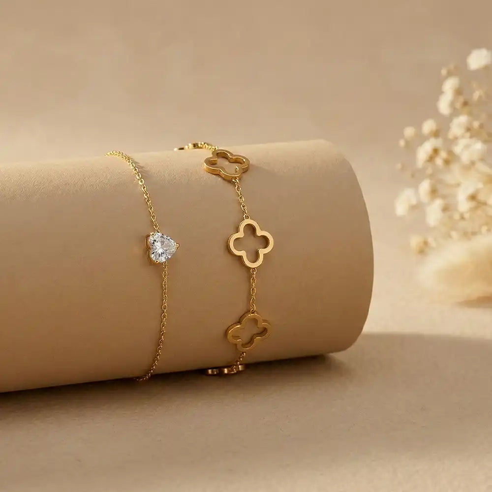 K-A Trends anti tarnish gold clover charm bracelet and heart stone bracelet combo minimalist luxury jewellery