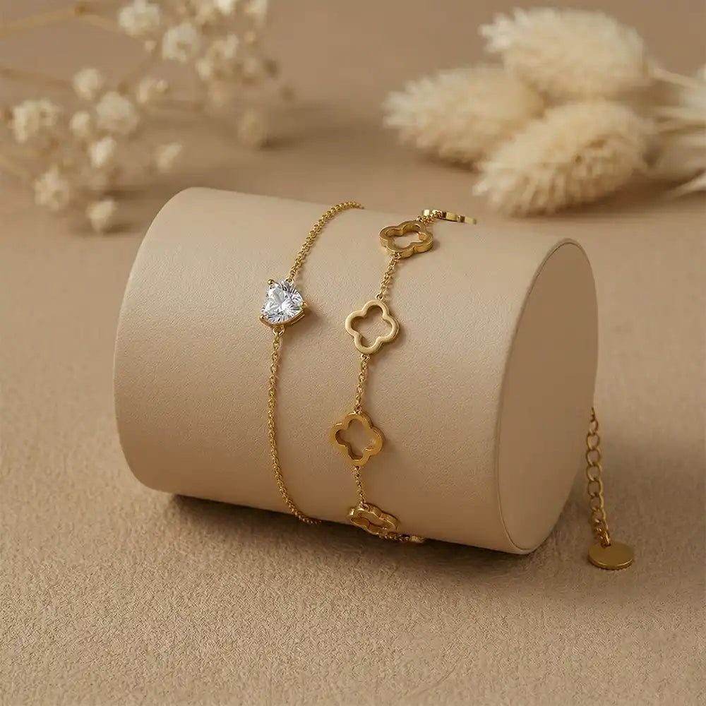 K-A Trends anti tarnish gold bracelet combo with four leaf clover charms and heart cubic zirconia bracelet premium jewellery display