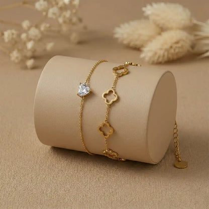 K-A Trends anti tarnish gold bracelet combo with four leaf clover charms and heart cubic zirconia bracelet premium jewellery display