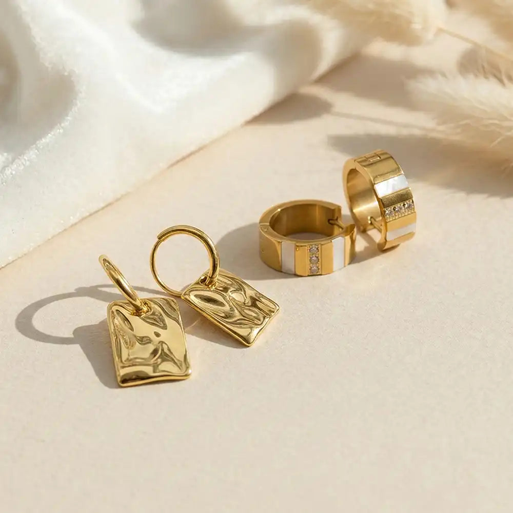 K-A Trends anti tarnish gold hoop earrings combo with textured square drops and white enamel crystal huggie hoops premium jewellery set