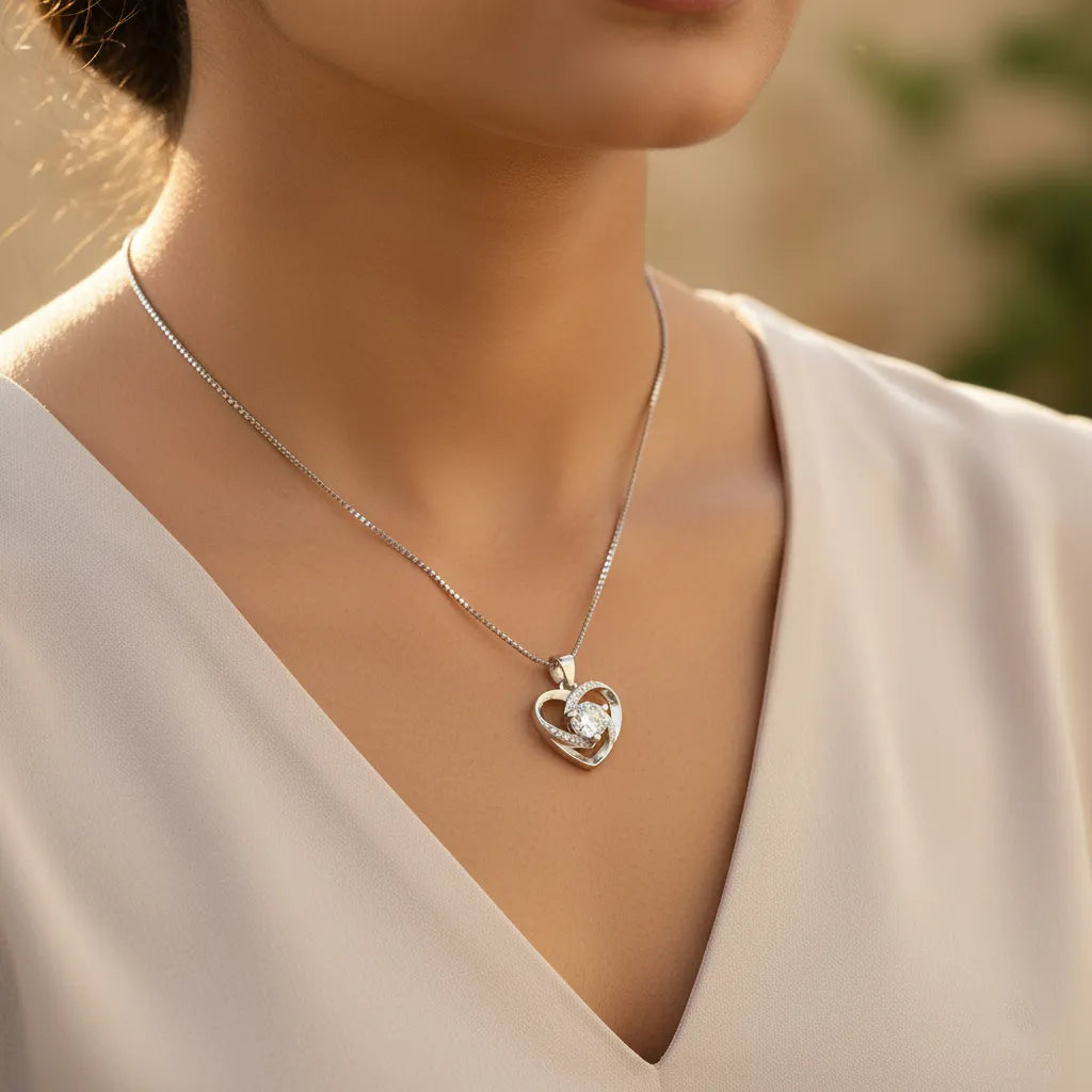Crystal Heart AD Pendant necklace, a silver heart-shaped design with a brilliant central stone, styled on wood with flowers.
