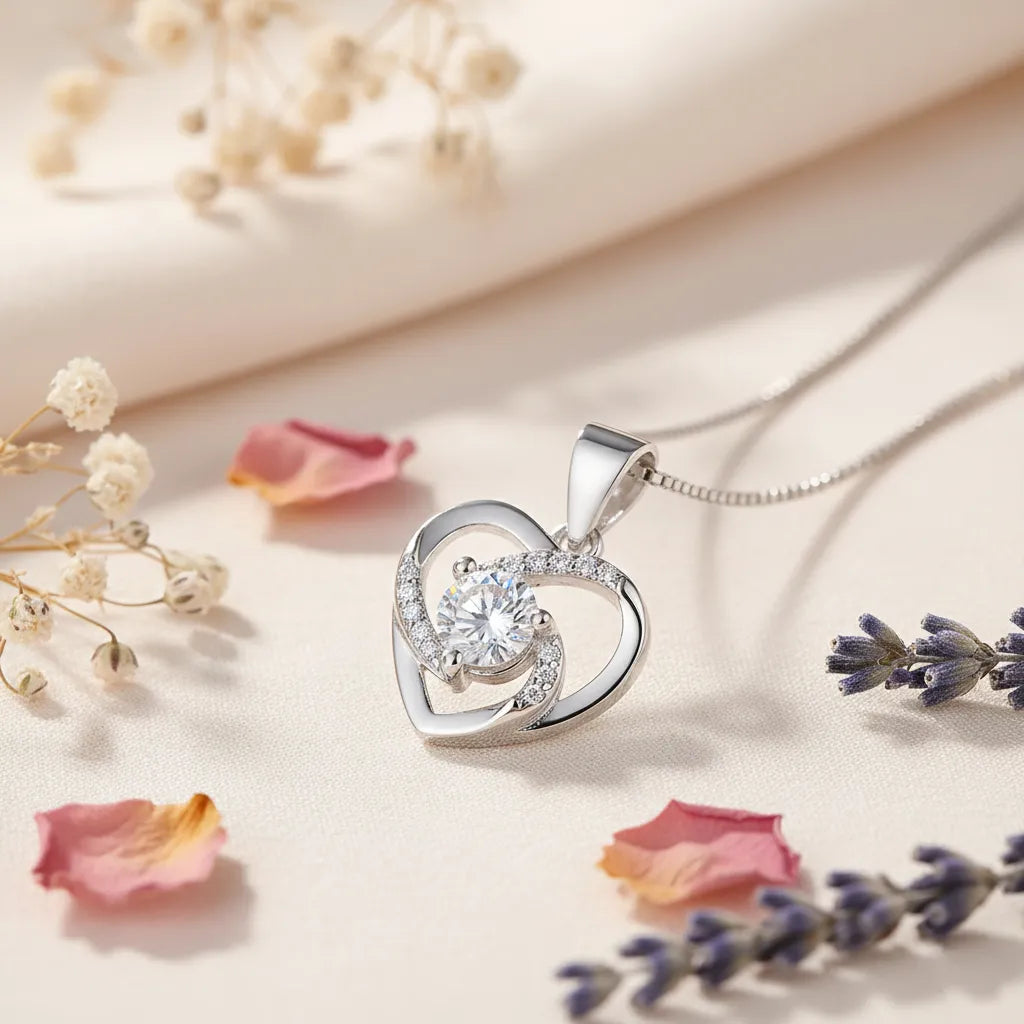 Crystal Heart AD Pendant necklace, a silver heart-shaped design with a brilliant central stone, styled on wood with flowers.