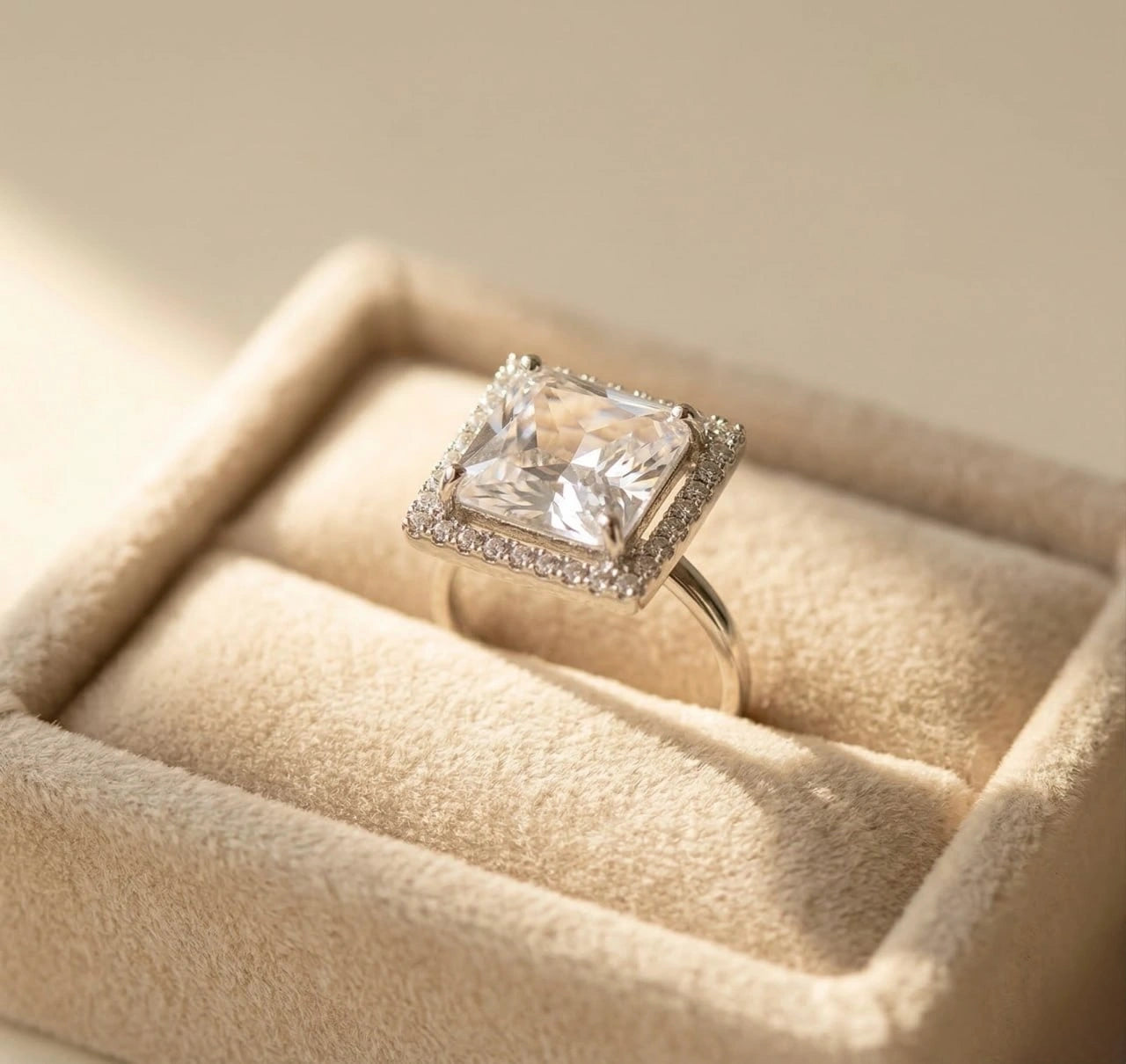 Square crystal AD adjustable ring placed in a beige velvet jewellery tray, silver band with halo stones, elegant anti-tarnish statement ring