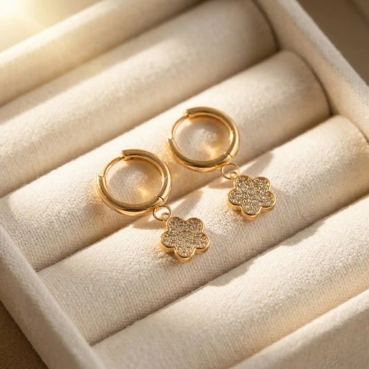 Crystal Flower Hoops with floral designs on a beige jewelry box