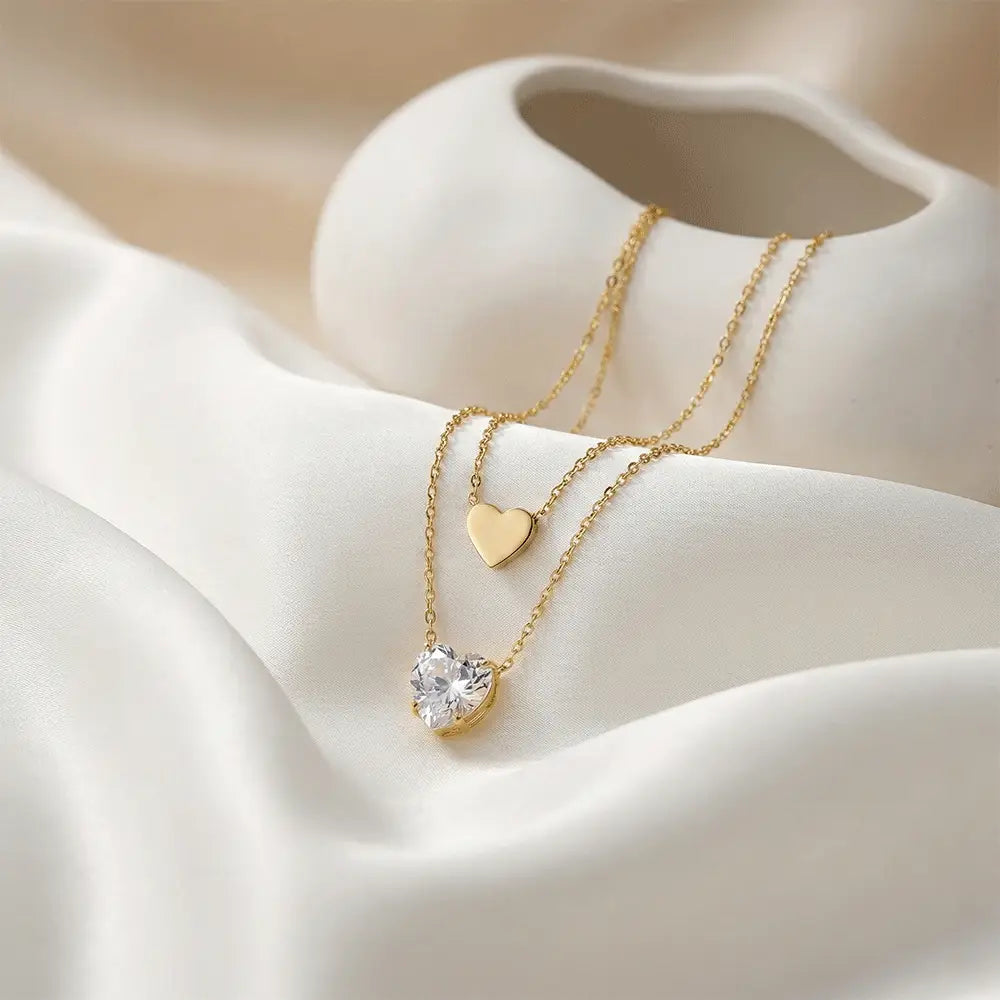 Double layer love pendant necklace with heart charm and crystal solitaire, anti tarnish gold necklace by K-A Trends