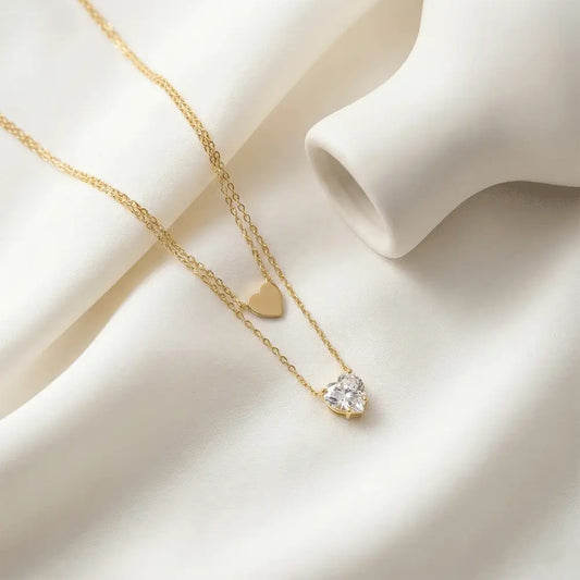 Gold double layer necklace with heart charm and round crystal pendant, lightweight anti tarnish jewellery
