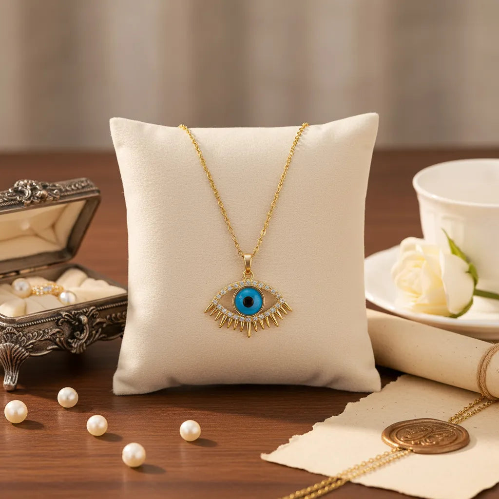Gold Evil Eye pendant necklace with a turquoise blue center and crystal-studded lashes, resting on dried wheat stalks.