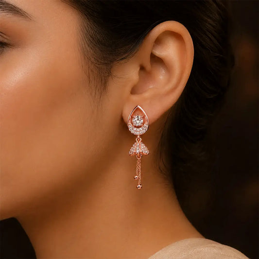 Floral Teardrop AD Earrings – Model Wearing Rose Gold Teardrop Crystal Earrings
