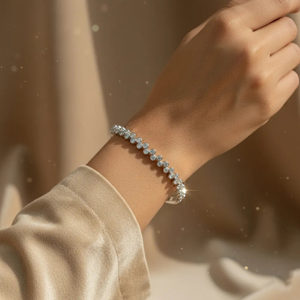 A stunning silver-toned anti tarnish bracelet with brilliant round-cut stones that shine from every angle