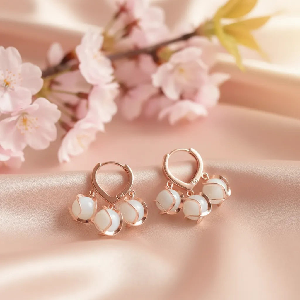 Frosted Petal Earrings feature a pretty floral design with soft white stones and a shiny gold outline.
