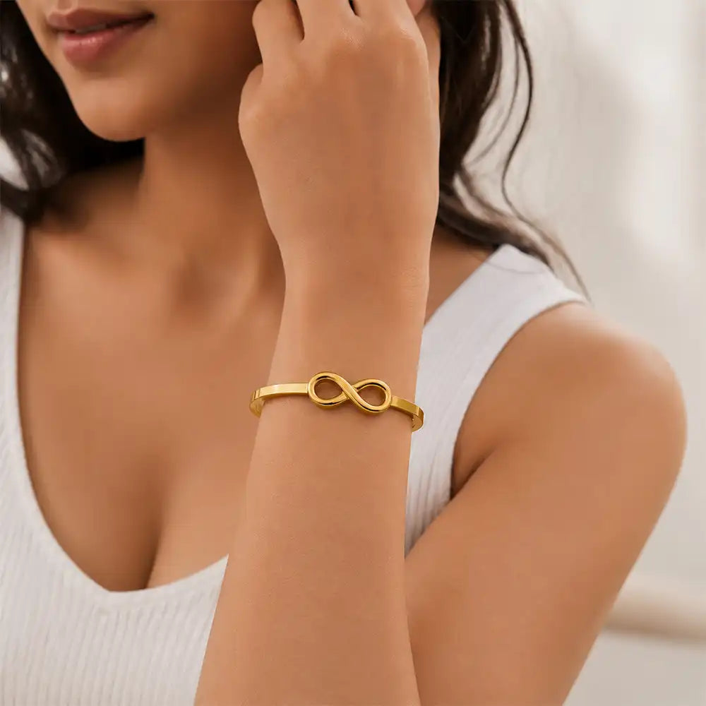 Anti tarnish infinity bangle bracelet for women with premium gold finish