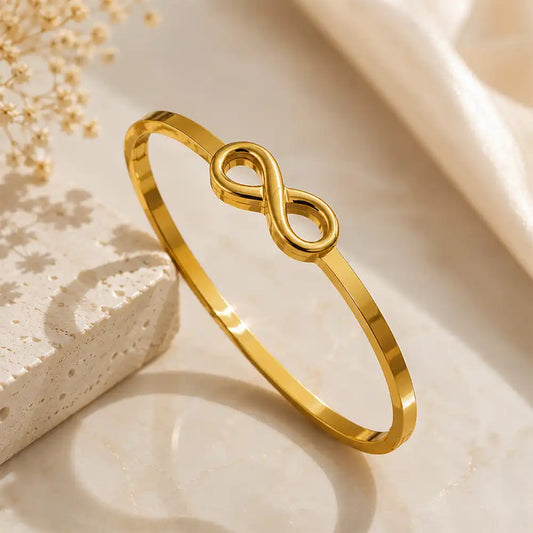 Anti tarnish infinity symbol bangle with premium polished gold finish