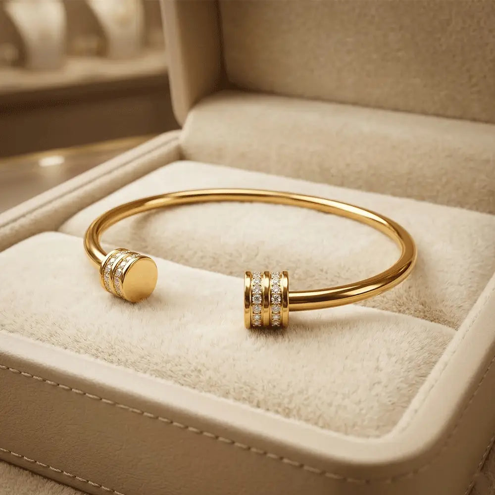 Gold open cuff bangle with crystal detailing in jewellery box, anti-tarnish bracelet for women, K-A Trends jewellery