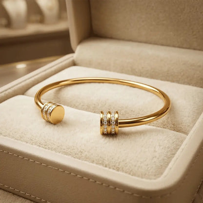 Gold open cuff bangle with crystal detailing in jewellery box, anti-tarnish bracelet for women, K-A Trends jewellery