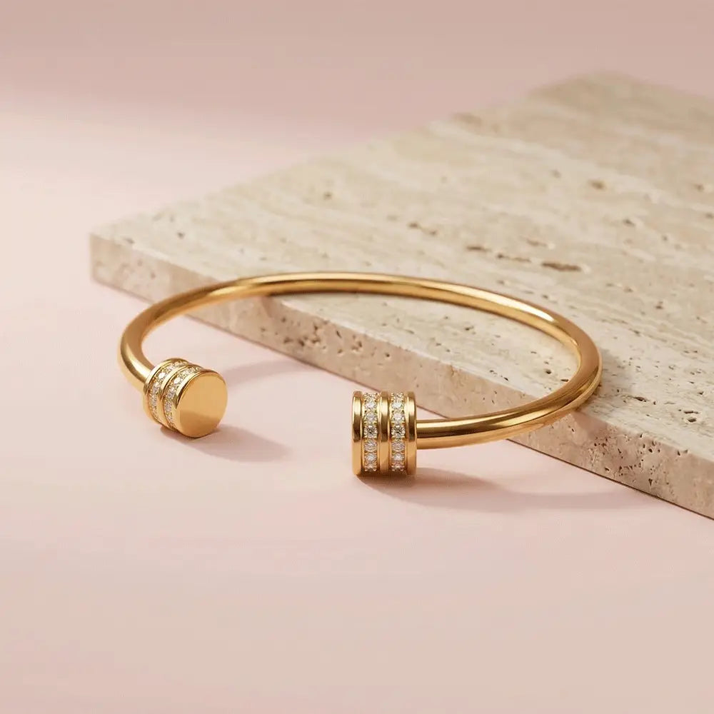 Minimal gold open cuff bracelet with crystal accents on beige stone, anti-tarnish kada for women, K-A Trends jewellery