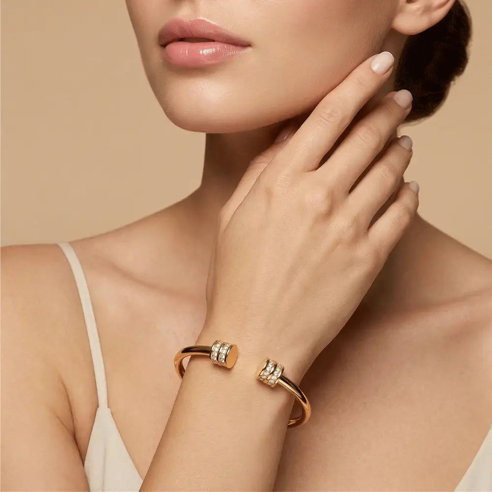Woman wearing gold open cuff bangle with crystal details, elegant anti-tarnish bracelet for daily wear, K-A Trends jewellery