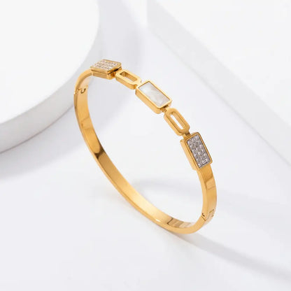 Minimalist gold plated anti-tarnish bracelet with rectangular crystal accents on clean white studio background from K-A Trends