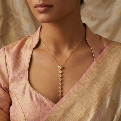Heart cascade gold pendant necklace styled with saree – elegant anti tarnish jewellery
