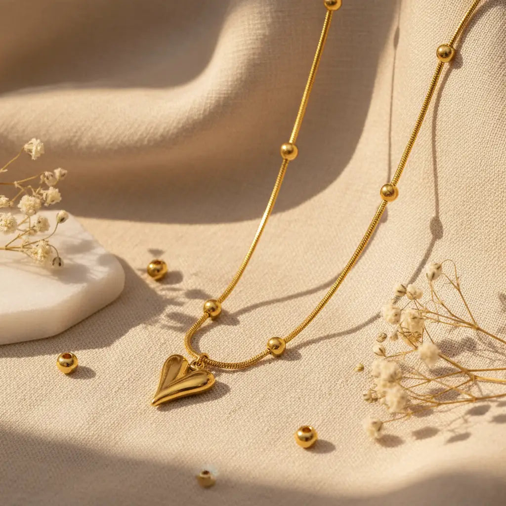 Gold heart pendant necklace with beaded chain displayed on a beige fabric background with soft natural light.