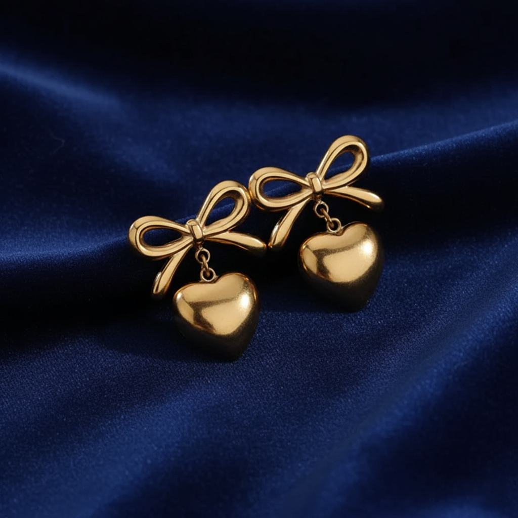Gold heart-and-bow earrings displayed on deep blue satin fabric, elegant product shot.