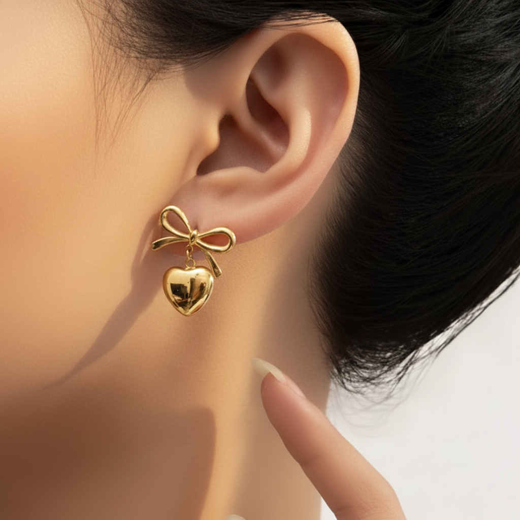 Close-up of a woman wearing gold heart-and-bow stud earrings, showcasing fit and shine.