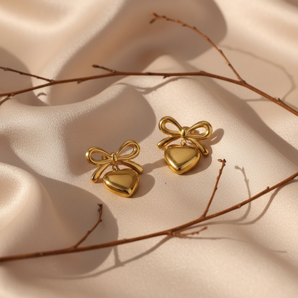 Gold heart-and-bow stud earrings placed on soft beige satin with delicate twigs, product photography.