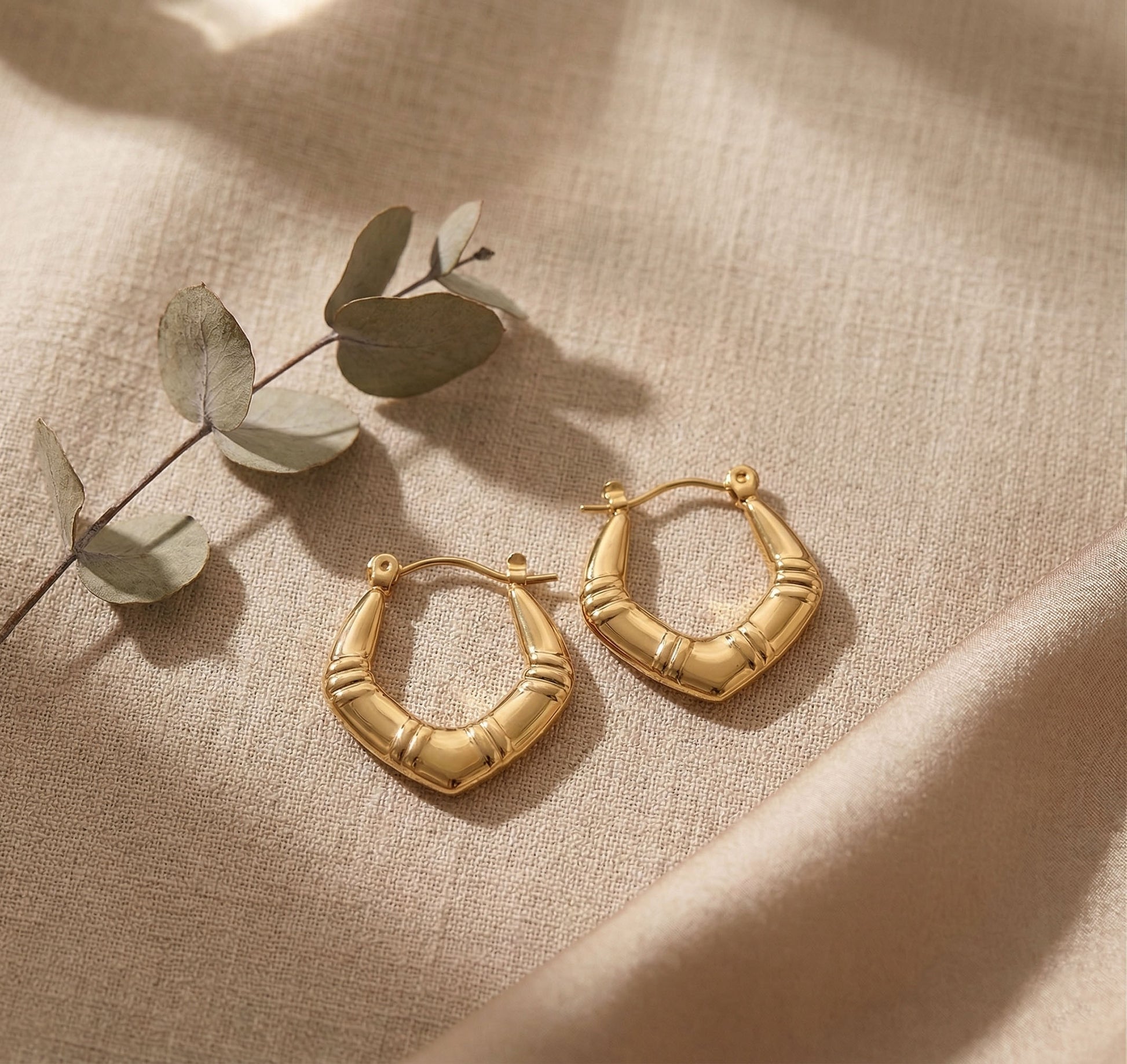 Luxe Arc Hoops on a beige fabric background with a branch of eucalyptus leaves.