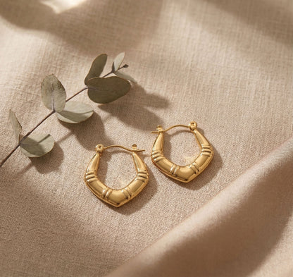 Luxe Arc Hoops on a beige fabric background with a branch of eucalyptus leaves.