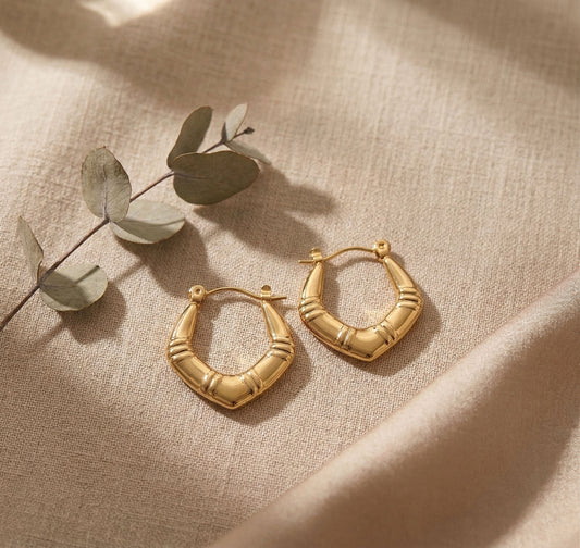 Luxe Arc Hoops on a beige fabric background with a branch of eucalyptus leaves.