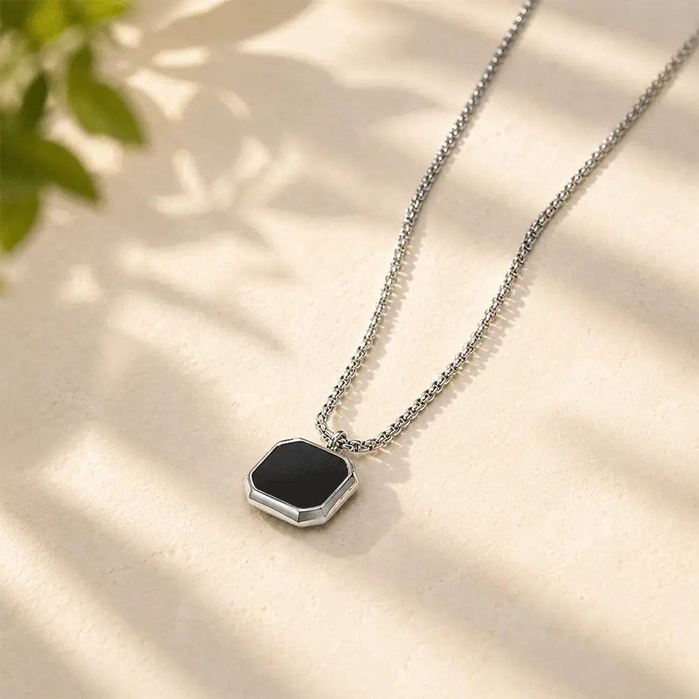 Minimalist black geometric anti-tarnish pendant necklace for men with sleek silver chain from K-A Trends