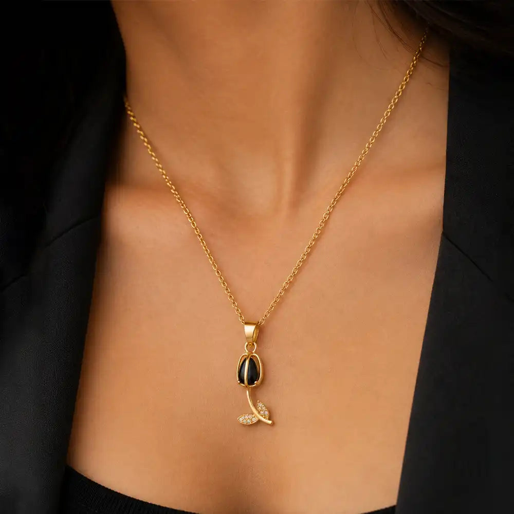 Anti tarnish floral pendant necklace for women with black stone detailing