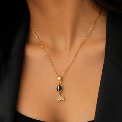 Anti tarnish floral pendant necklace for women with black stone detailing