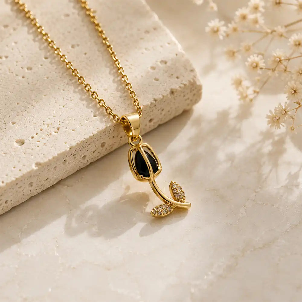 Anti tarnish floral pendant necklace with luxury beige studio setup
