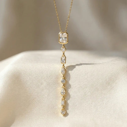 Gold multi stone line pendant with rectangular, heart and teardrop crystals on satin fabric – anti tarnish necklace for women