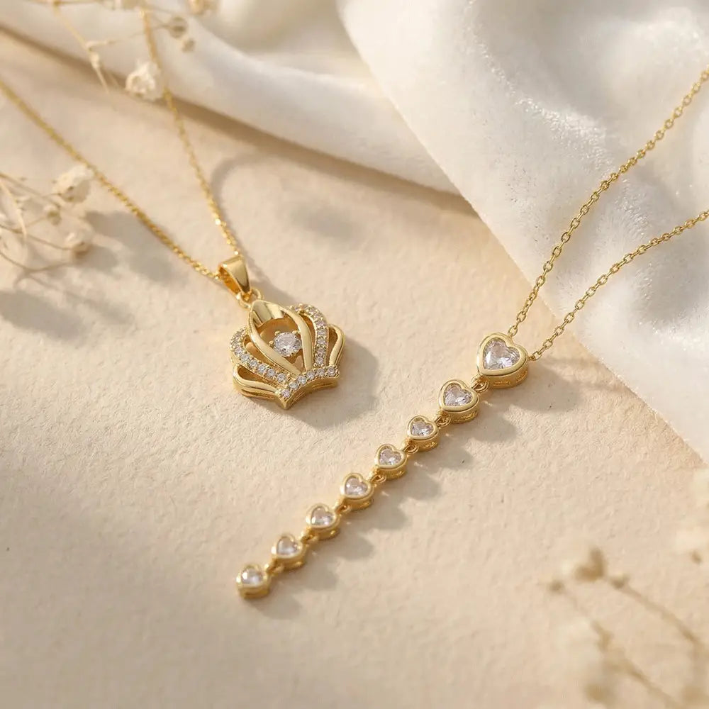 K-A Trends anti tarnish gold royal heart pendant necklace set with crystal hearts