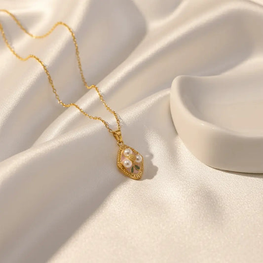Pearl bloom pendant necklace with gold frame and pearl floral design, anti tarnish necklace by K-A Trends